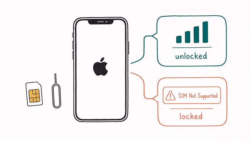 SIM card swap test on an iPhone showing signal bars for unlocked and a SIM not supported alert
