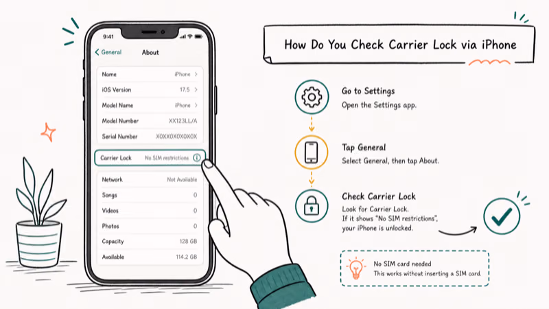 Hand-drawn illustration: How Do You Check Carrier Lock via iPhone Settings?