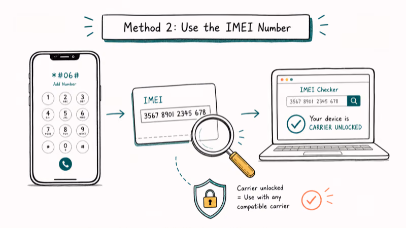 Hand-drawn illustration: Method 2: Use the IMEI Number