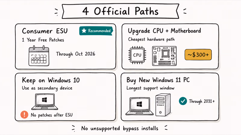 Hand-drawn four card layout of options when a PC cannot run Windows 11.