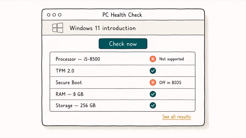 Hand-drawn PC Health Check window showing mixed pass and fail rows with blocker labels.