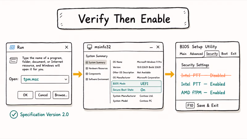 Hand-drawn three-step illustration of running tpm.msc, msinfo32, and enabling Intel PTT in BIOS.