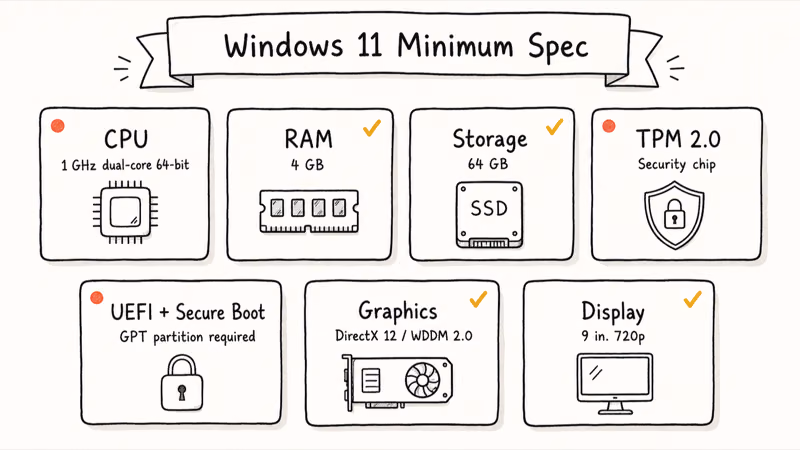 Hand-drawn grid summarizing the seven Windows 11 minimum hardware requirements with gotcha indicators.