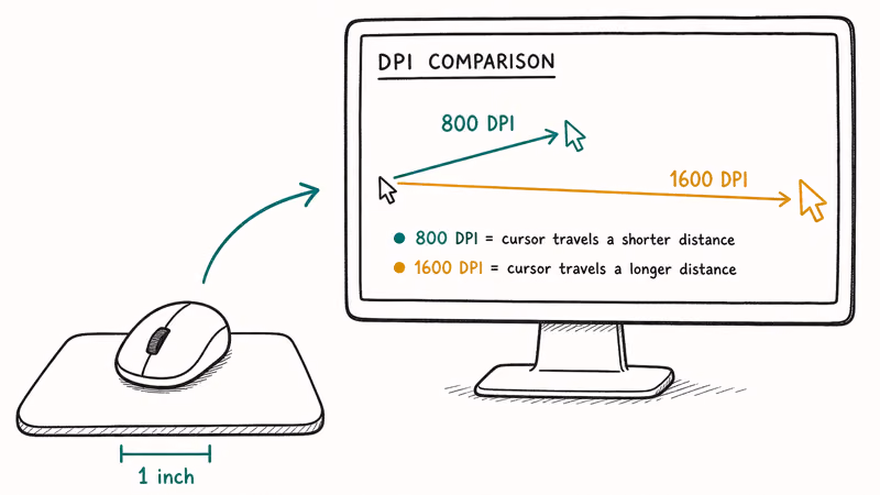Illustration showing how the same one inch mouse move travels farther on screen at 1600 DPI than at