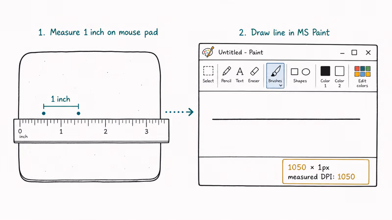 Ruler marking one inch on a mouse pad feeding a Paint canvas that reads the measured pixel count