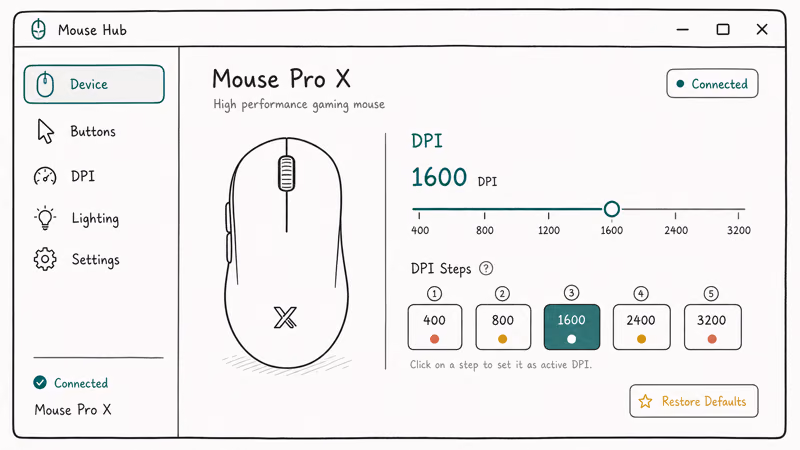 Vendor mouse software showing the active DPI step highlighted with a slider and preset DPI slots