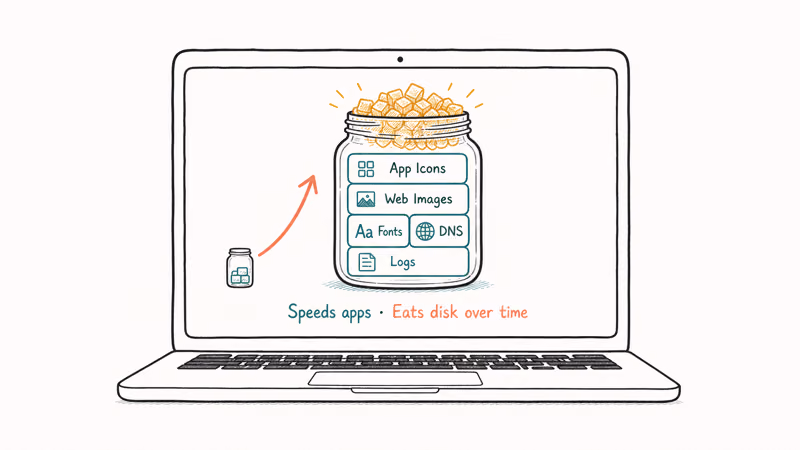 Hand-drawn Mac with a jar of cached items growing from small to overflowing with amber overflow and growth