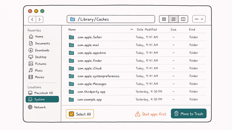Hand-drawn Mac Finder window at Library Caches path with Select All and Move to Trash buttons and quit
