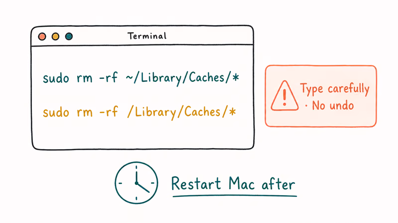 Hand-drawn Terminal showing rm -rf commands for user and system caches with warning card and restart Mac note.