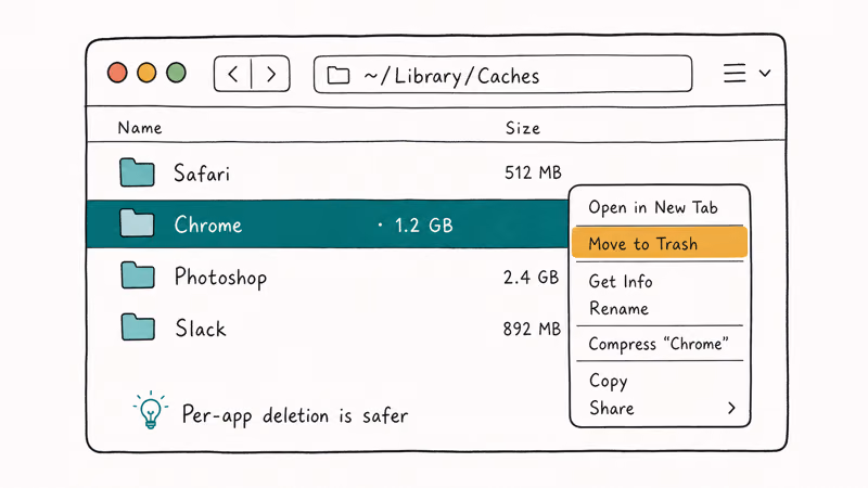 Hand-drawn Mac Finder at user Library Caches showing per-app folders with Chrome selected and Move to Trash menu.