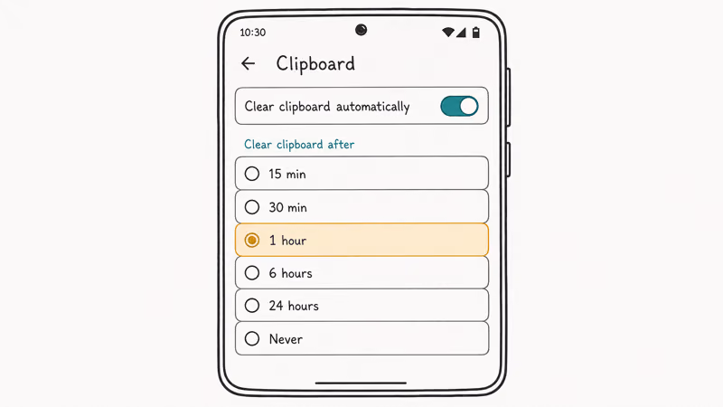 Android Settings clipboard screen showing the automatic clear toggle on with a time interval selector