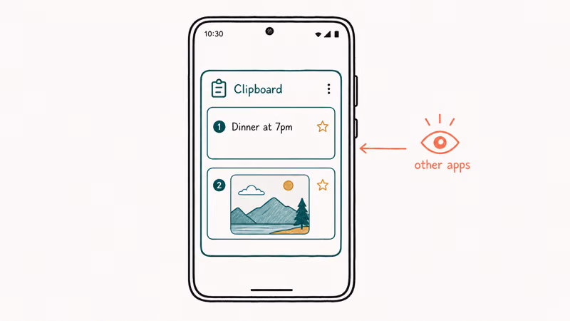 Android phone showing the clipboard holding copied text and an image with a warning that apps can read