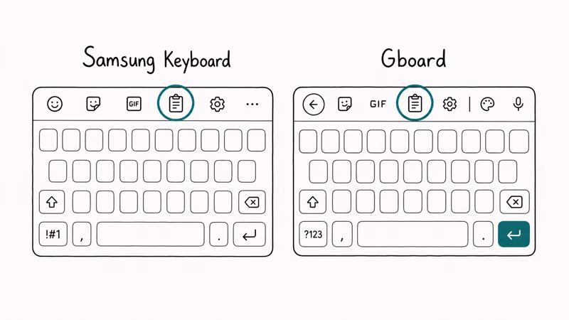 Samsung Keyboard and Gboard side by side with the clipboard icon in the top row highlighted