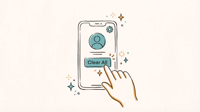 Hand tapping clear all button on smartphone with profile and settings icons