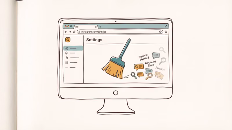 Desktop monitor showing Instagram settings page with broom sweeping search data