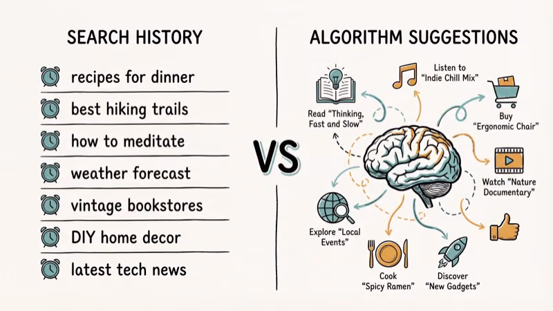 Comparison of search history list versus algorithm-driven suggestions with brain icon