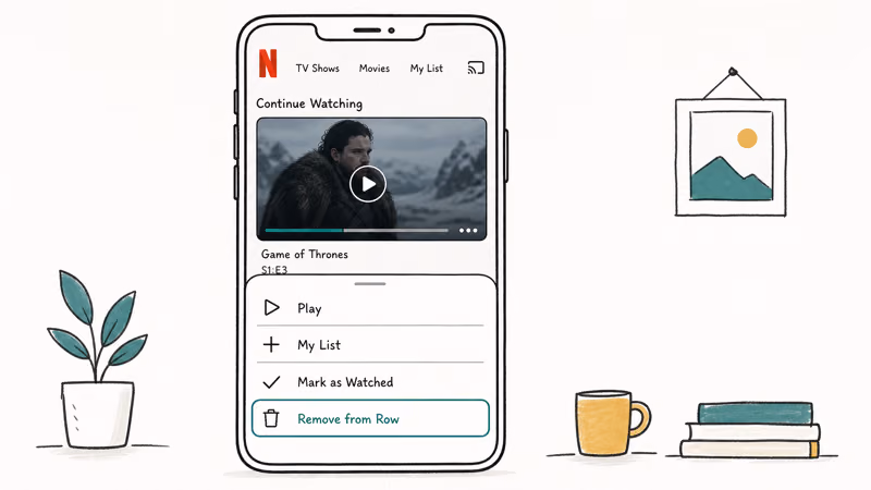 Netflix mobile app showing a tile three-dot menu and a bottom sheet with Remove from Row highlighted