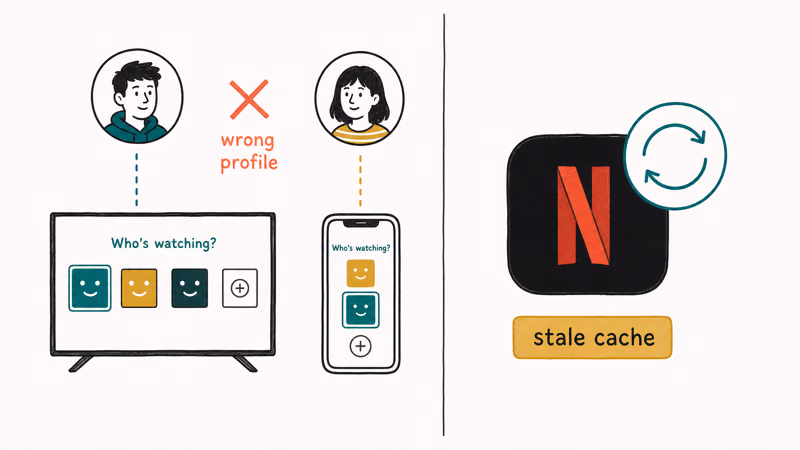 Split illustration showing a Netflix profile mismatch and a stale app cache as reasons a title stays stuck