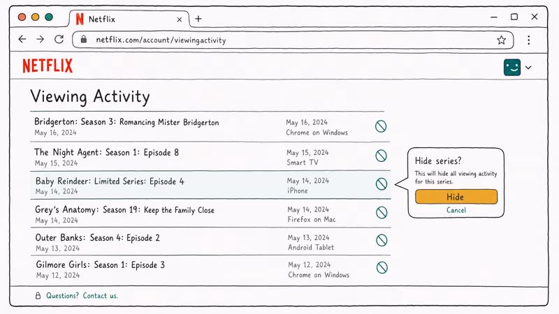 Netflix Viewing Activity page in a browser with circle slash hide icons and a Hide series prompt