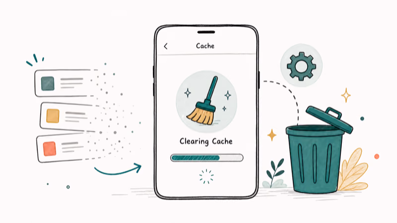 Hand-drawn illustration: Clearing Cache