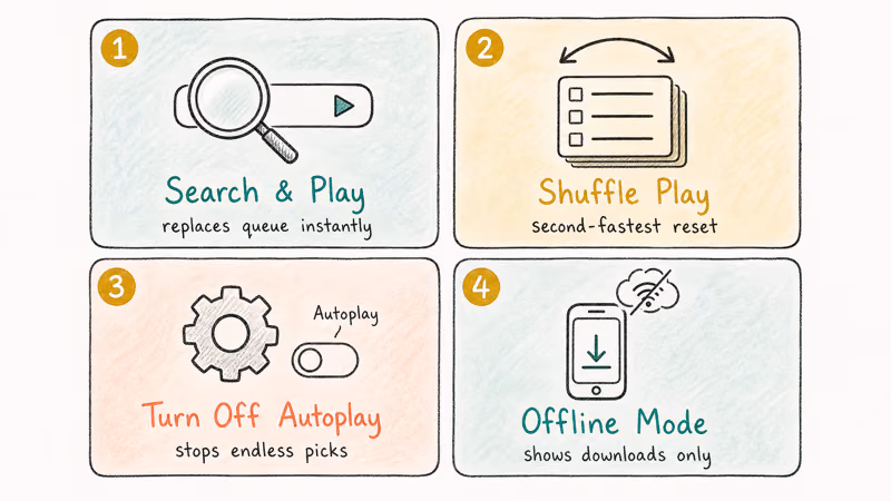 Four-cell grid of Spotify queue workarounds search play shuffle autoplay toggle and offline mode