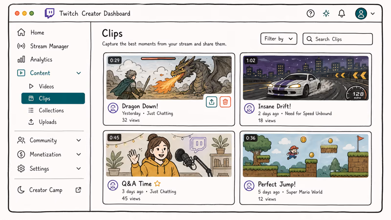 Twitch Creator Dashboard Clips manager showing a grid of clip thumbnails with share and delete icons