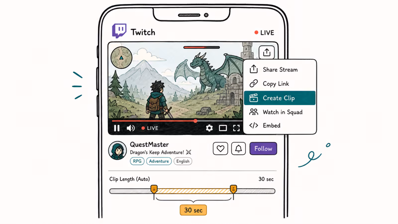 Twitch mobile app showing the Create Clip option and a thirty second trim window for the captured clip