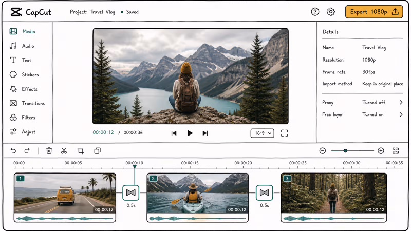 CapCut timeline with three clip blocks and transition markers between them and a 1080p export button