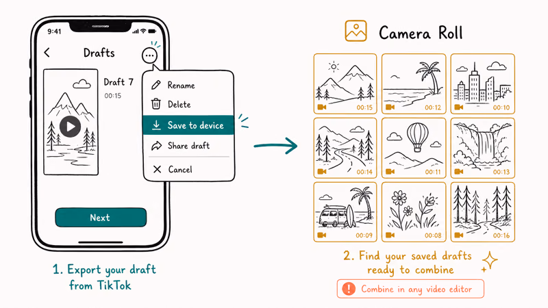 TikTok draft three-dot menu with Save to device highlighted exporting the clip to the camera roll