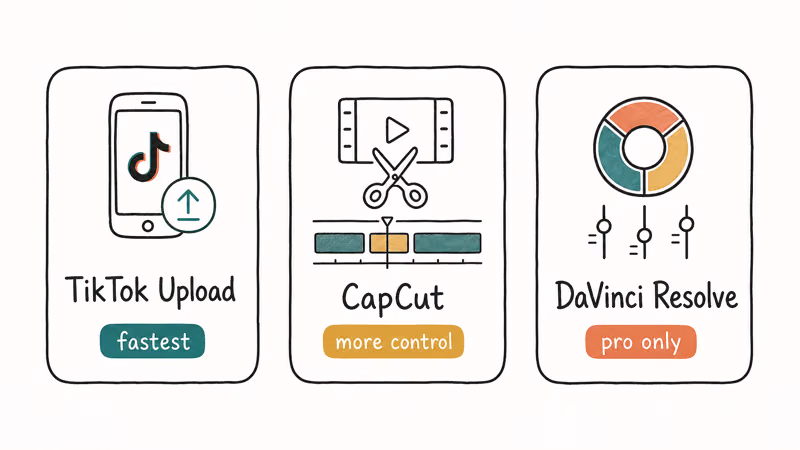 Three option cards comparing TikTok Upload, CapCut, and DaVinci Resolve for combining videos on TikTok