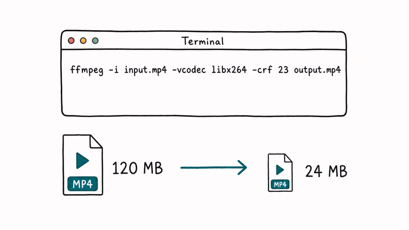 Terminal running FFmpeg libx264 CRF 23 command compressing an MP4 from 120 MB to 24 MB shown with