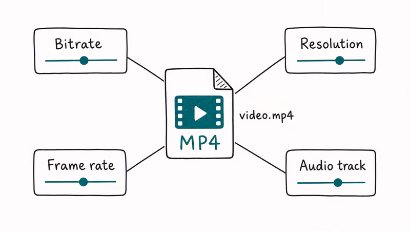 MP4 file size driver diagram with bitrate resolution frame rate and audio track tagged as adjustable parameters