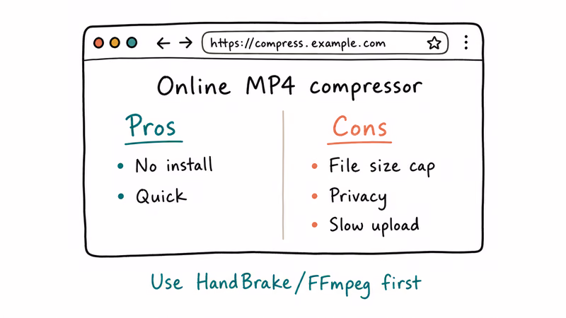 Browser-based MP4 compressor with pros no install quick and cons size cap privacy and slow upload making local