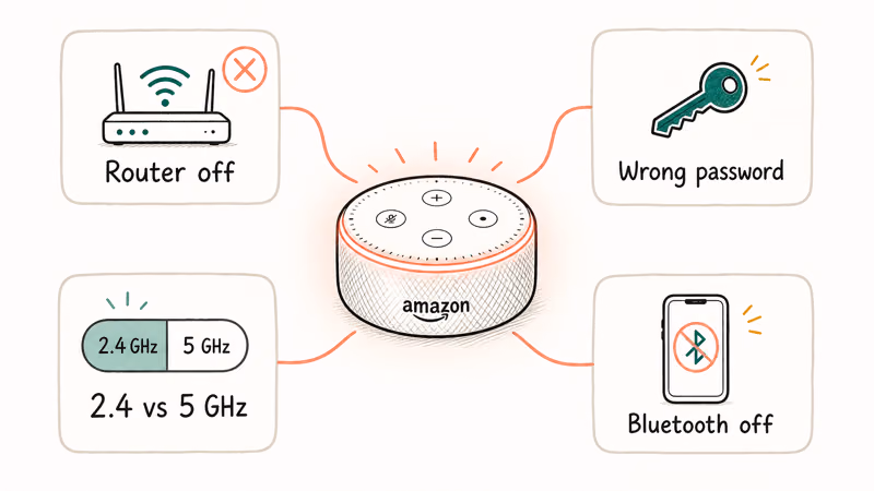 Echo speaker with four common Wi-Fi failure causes including router router password and band mismatch issues