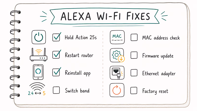 Hand-drawn checklist showing eight Echo Wi-Fi fixes from reset button to factory reset with teal checkmarks