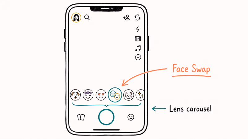 Snapchat camera lens carousel highlighting Face Swap icon with two interlocking face symbols pointed by coral arrow