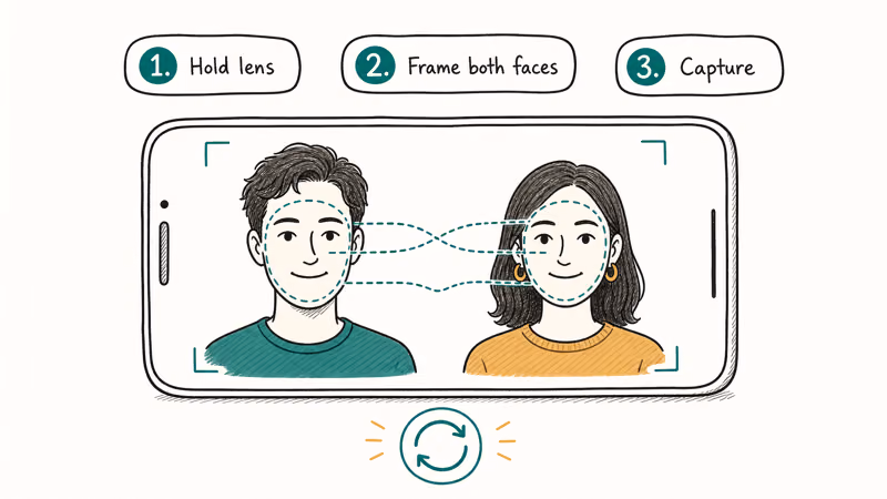 Two friends face swapping on Snapchat with dashed teal lines showing facial feature exchange and three step bubbles