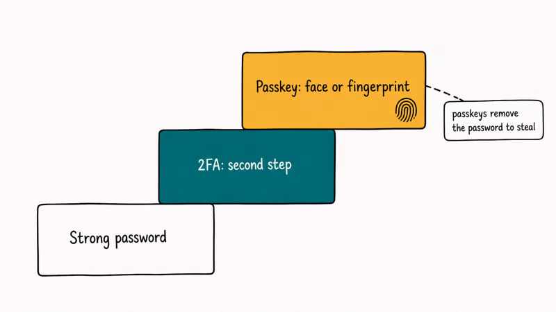 Three rising security layers showing strong password, two-factor authentication, and a passkey