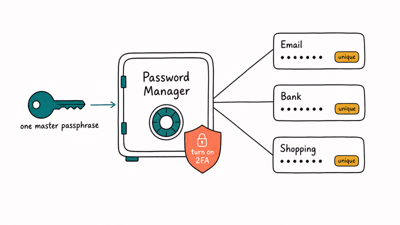 Password manager vault unlocked by one master key generating unique passwords for each account
