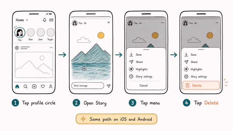 Four-tap sequence to delete TikTok Story on iPhone or Android with menu and delete button highlighted