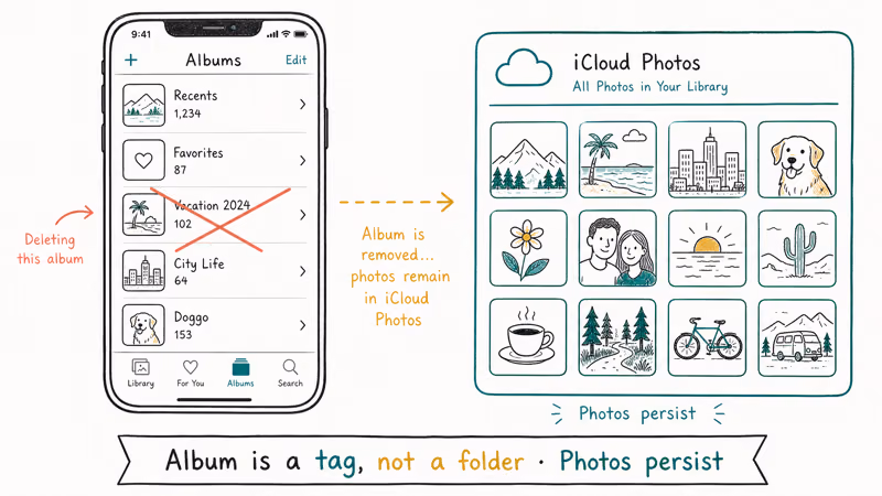 Hand-drawn split showing album deleted on iPhone left while underlying photos remain in iCloud library grid on right.