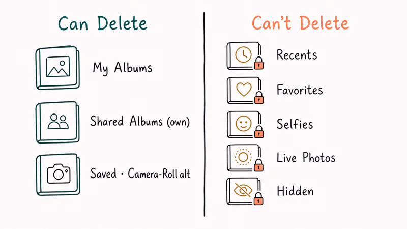 Two hand-drawn columns separating deletable custom Photos albums from system-protected albums like Recents and Favorites.