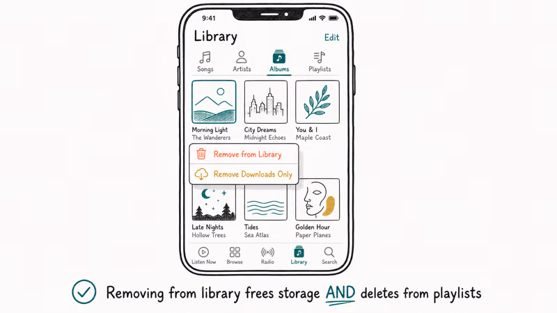 Hand-drawn iPhone Apple Music library album long-press menu showing Remove from Library and Remove Downloads Only options.