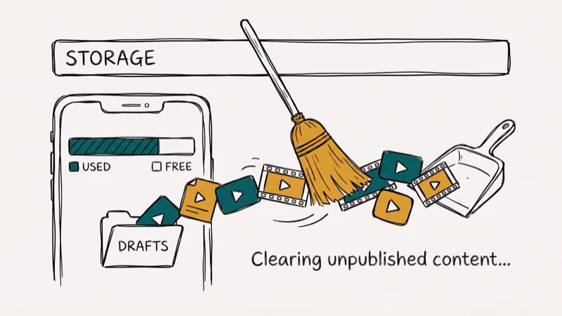 Phone storage bar with draft video icons being swept away by a broom