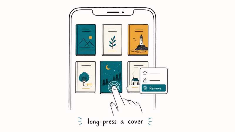 Phone screen showing a long-pressed Apple Books cover with the Remove menu open