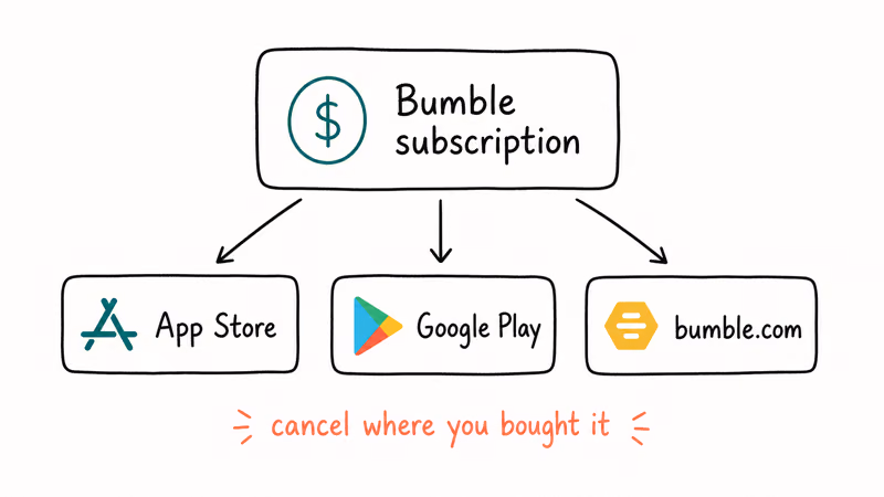 Diagram showing Bumble subscription cancellation through App Store, Google Play, or bumble.com