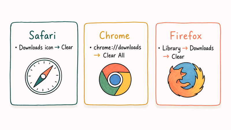 Three hand-drawn cards for Safari, Chrome, and Firefox clear-downloads paths with small browser icons.