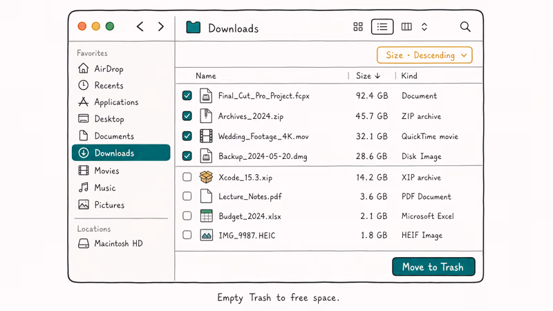 Hand-drawn Mac Finder Downloads window sorted by size with large files selected and Move to Trash button highlighted.