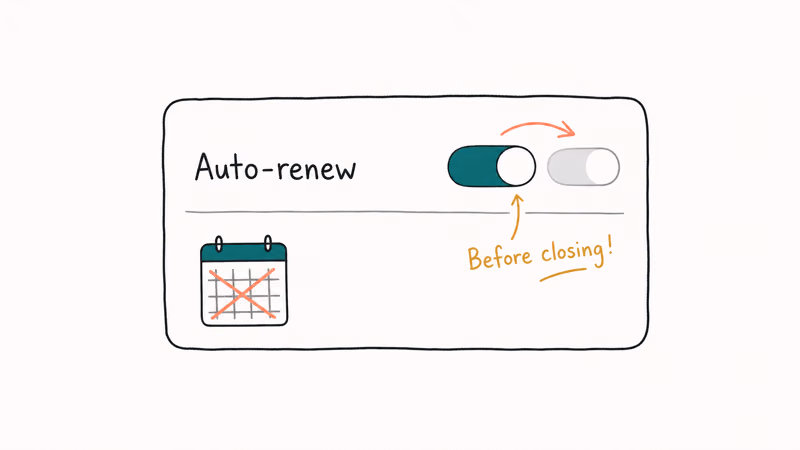 Hand-drawn billing card showing the auto-renewal switch flipped off with a crossed-out renewal date