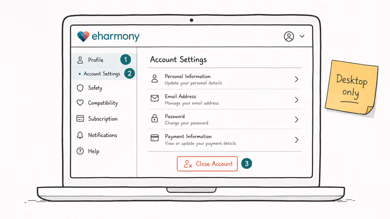 Hand-drawn laptop showing eHarmony desktop with three numbered taps from Profile to Close Account